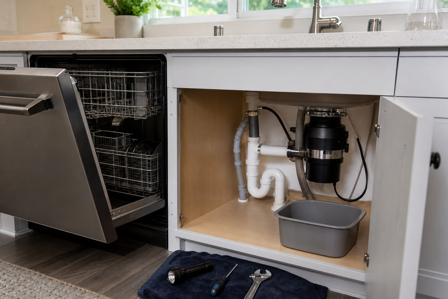 Plumbing scene for Dishwasher Not Draining Completely: Manual-First Checks
