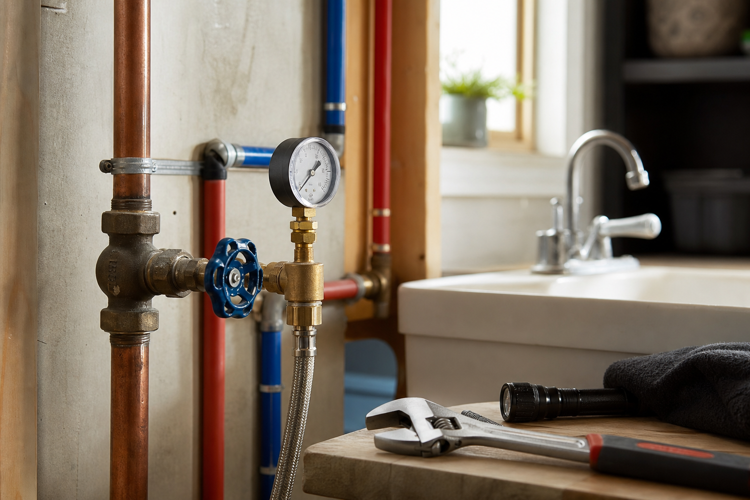 Weak faucet flow being checked during a home water-pressure inspection