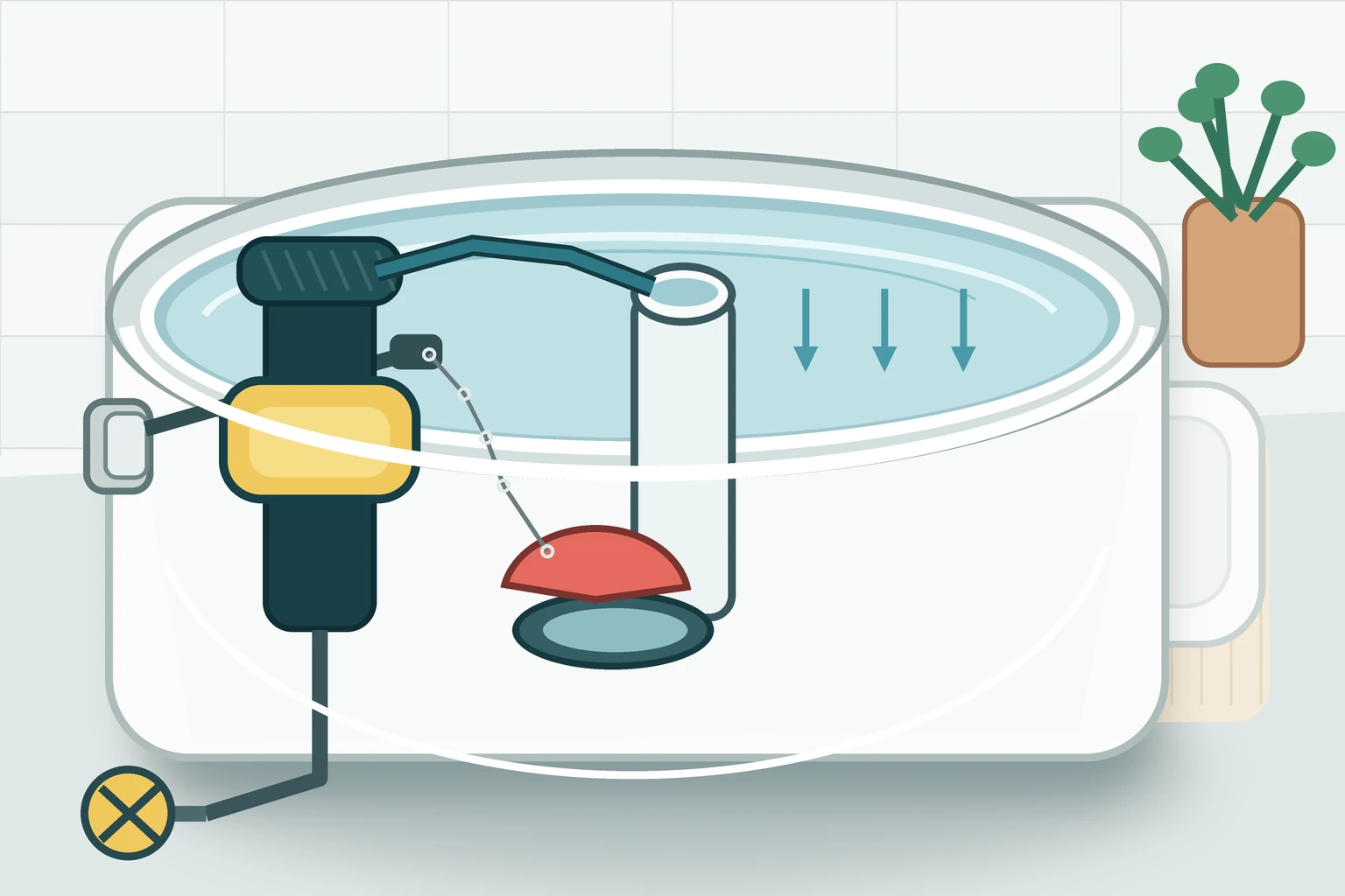 Open gravity-flush toilet tank showing a fill valve, float cup, overflow tube, flapper and chain